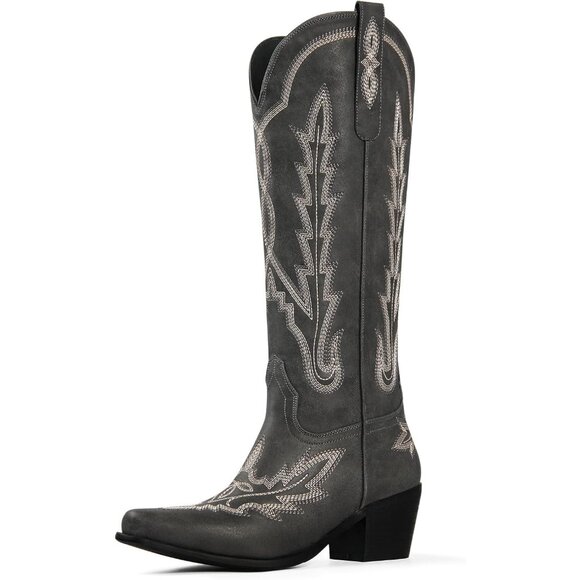 Cowboy Boots for Women Knee High Cowgirl Boots Embroidered Slip On Pointed Toe - Picture 1 of 7